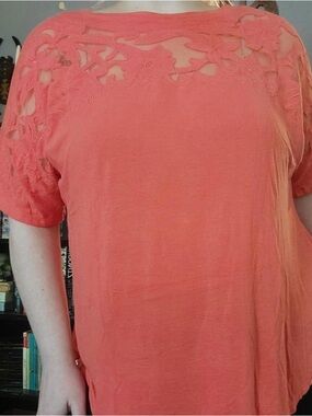 Lane Bryant Lace Cutout Short Sleeve Tee in Coral